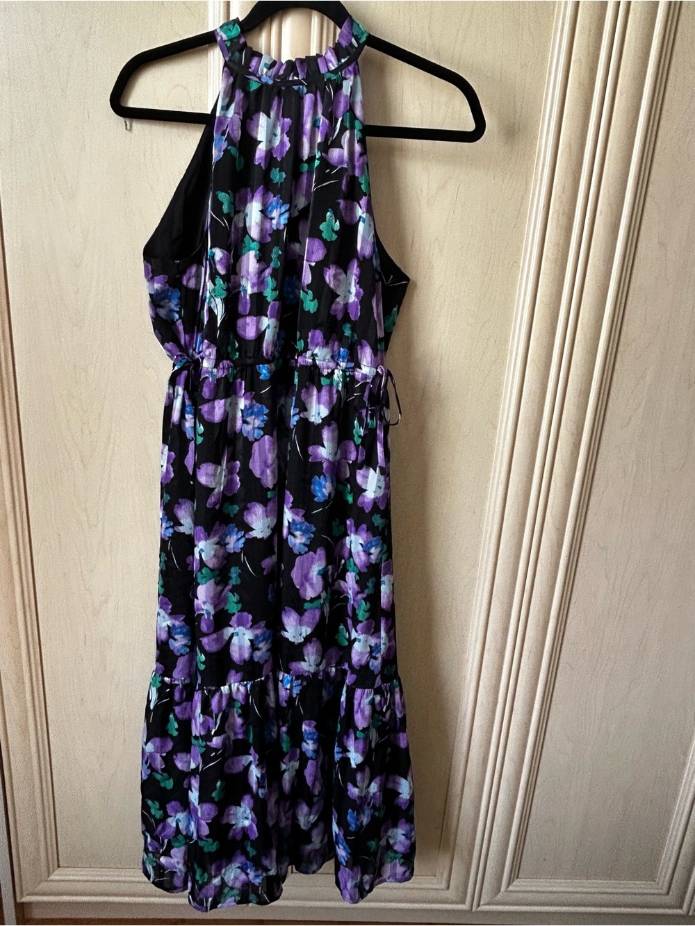 Vintage J. Crew Black Halter Midi Dress with Purple and Blue Floral Print size 8